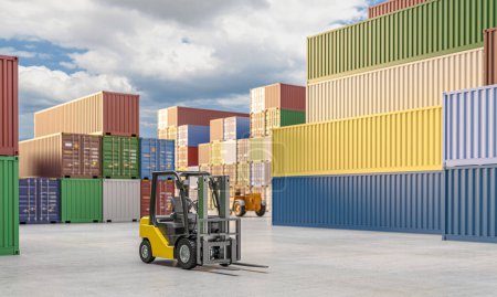 Photo for Forklift in action at a container terminal, with colorful cargo containers in the background. 3d render - Royalty Free Image