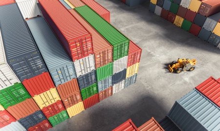 Photo for Aerial view of colorful cargo containers and a forklift at a busy shipping yard. 3d render - Royalty Free Image