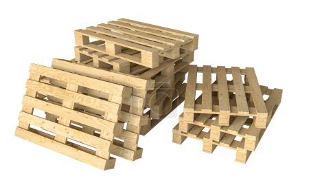 Foto de Montón de paletas de madera vacías aisladas en blanco, aptas para conceptos de envío y logística. 3d renderizar - Imagen libre de derechos