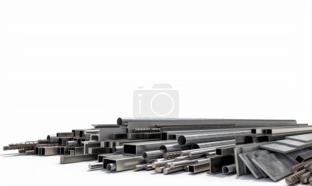 Photo for Variety of steel sections and beams isolated on a white. 3d render - Royalty Free Image