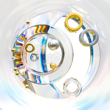 Foto de Imagen de arte digital con círculos y esferas reflectantes en 3D en una composición luminosa y abstracta - Imagen libre de derechos