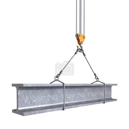 Photo for Detailed view of a crane lifting a steel i-beam against a white background. 3d render - Royalty Free Image