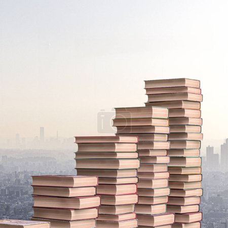 Foto de Montones de libros se elevan con un horizonte borroso de la ciudad en el telón de fondo. 3d renderizar - Imagen libre de derechos