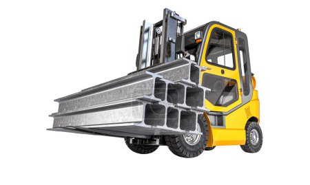 Photo for Isolated image of a forklift truck lifting heavy steel beams isolated. 3d render - Royalty Free Image