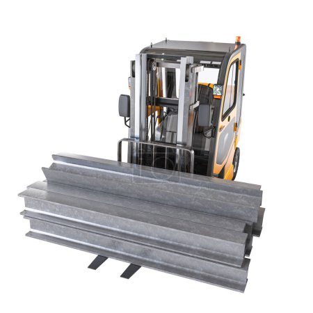 3d rendered image of a forklift truck preparing to move heavy steel beams