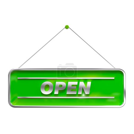 Vivid green open signboard with glossy finish, 3d render