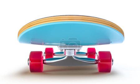 Vibrant blue skateboard with red wheels . 3d render