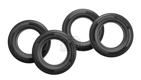 Téléchargez les photos : Collection de pneus neufs alignés parfaitement sur un fond blanc. 3d rendu - en image libre de droit