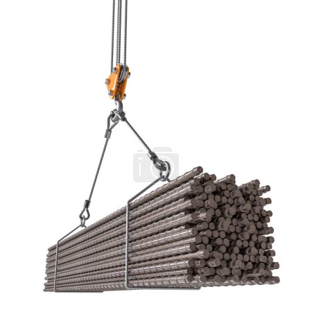 Photo for Industrial crane hoisting a large batch of steel rebar against a white background. 3d render - Royalty Free Image