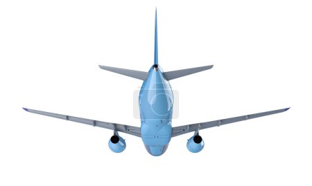 Foto de Vista trasera de un avión comercial a reacción en vuelo con un fondo blanco limpio - Imagen libre de derechos