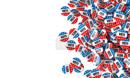 Téléchargez les photos : Pile d'insignes de vote avec nous couleurs du drapeau isolé sur blanc, rendu 3d - en image libre de droit