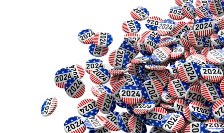 las insignias electorales americanas de 2024 cayendo sobre un blanco aislado. 3d renderizar