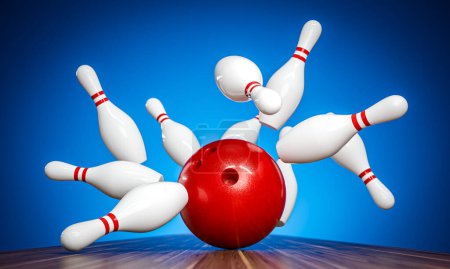Téléchargez les photos : Plan d'action d'une boule de bowling rouge s'écrasant sur des épingles blanches sur fond bleu. 3d rendu - en image libre de droit