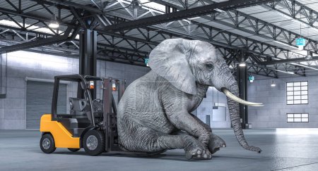 Foto de Imagen surrealista de un elefante sentado junto a una carretilla elevadora en un almacén industrial - Imagen libre de derechos