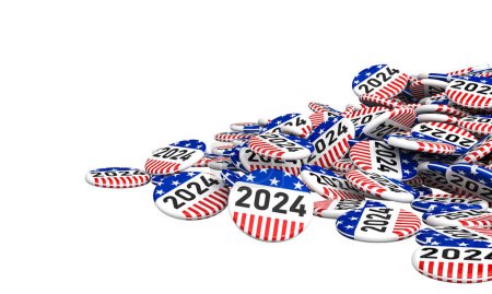 Amerikanische Wahlkampfknöpfe patriotisch 2024 isoliert auf weiß. 3D-Darstellung