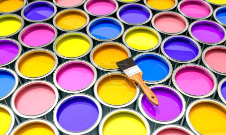 Foto de Vista superior de latas de pintura de colores en un patrón con un pincel en la parte superior, 3d render - Imagen libre de derechos