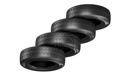 Foto de Cuatro neumáticos de automóvil apilados aislados sobre un fondo blanco, 3d render - Imagen libre de derechos