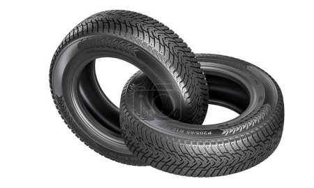 Foto de Neumáticos de coche negro apilados cuidadosamente contra un fondo blanco - Imagen libre de derechos