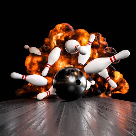 Photo for 3d illustration of a bowling ball hitting pins with an explosive background - Royalty Free Image