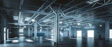 Panoramic view of an empty industrial warehouse with lights and metal structure. 3d render