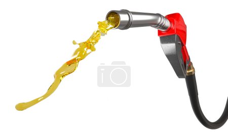 Gas pump nozzle with flowing golden liquid represents high fuel value. 3d render