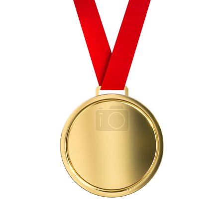 Photo for Unbranded golden medal with a glossy finish and vibrant red ribbon, 3d render - Royalty Free Image