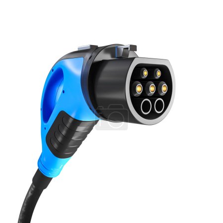 Close-up of a blue ev charger connector with a black cable on a white background