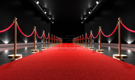Foto de Lujosa alfombra roja forrada con cuerdas de terciopelo que conducen a un evento con fondo iluminado. 3d renderizar - Imagen libre de derechos