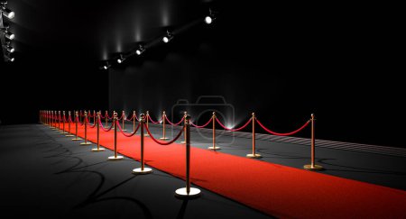 Téléchargez les photos : Entrée de l'événement tapis rouge avec cordes de velours. 3d rendu - en image libre de droit