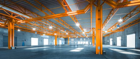 Téléchargez les photos : Entrepôt industriel spacieux et vide avec structure en acier orange vif. 3d rendu - en image libre de droit