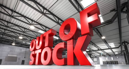 Foto de Cartel grande 3d fuera de stock dentro de un almacén moderno vacío, que simboliza la escasez de productos - Imagen libre de derechos