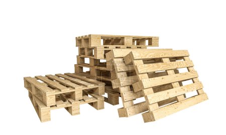 Stapeln von Holzpaletten isoliert auf weiß. 3D-Darstellung