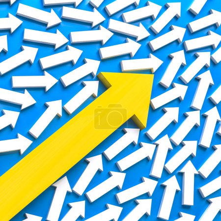 Foto de Flecha amarilla apuntando hacia arriba se destaca entre una multitud de flechas blancas - Imagen libre de derechos
