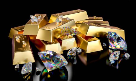 Haufen von Goldbarren und Streuung von Diamanten. 3D-Darstellung