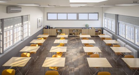 Foto de Aula interior contemporánea, concepto de educación. 3d renderizar - Imagen libre de derechos