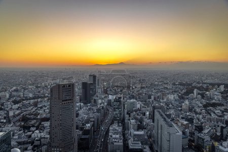 view of Tokyo city at sunset, fuji mountain in the background