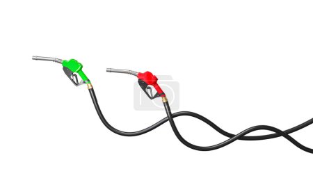 Fuel pump nozzles crossing paths on white background 3d render