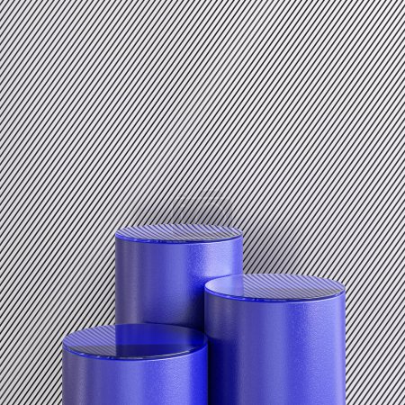 Foto de Cilindros azules 3d sobre fondo rayado render - Imagen libre de derechos