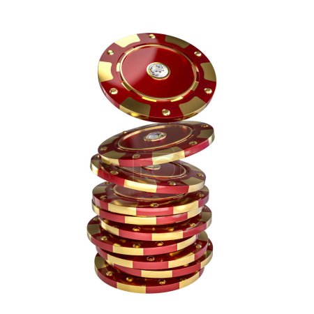 Foto de Cascada de fichas de casino rojo y oro con detalles de diamantes 3d render - Imagen libre de derechos
