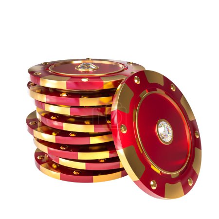 3d render of red and gold poker chips with diamond on a white background