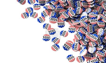 Photo for Multitude of 2024-related campaign buttons cascade into view, isolated on white - Royalty Free Image