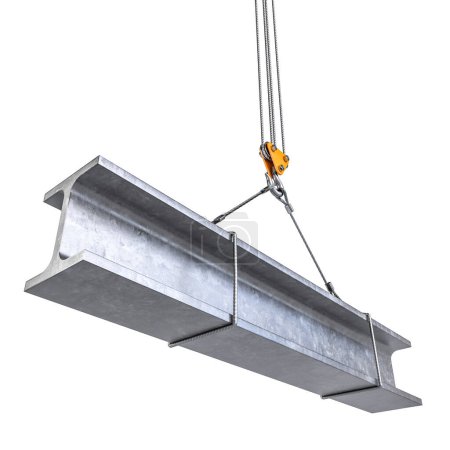 Heavy steel beam suspended by a crane, isolated on white background. 3d render