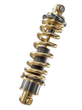  3d rendering of a gold and black shock absorber isolated on a white background
