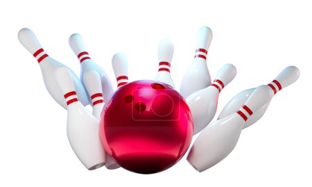 Téléchargez les photos : Illustration 3D d'une boule de bowling rouge éclatante sur le point de frapper des broches blanches. 3d rendu - en image libre de droit