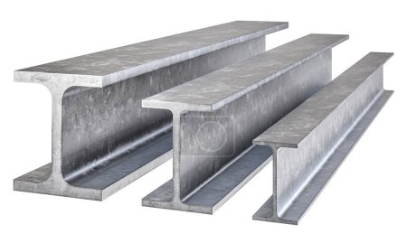 3d illustration of three steel i-beams on a white  transparent background