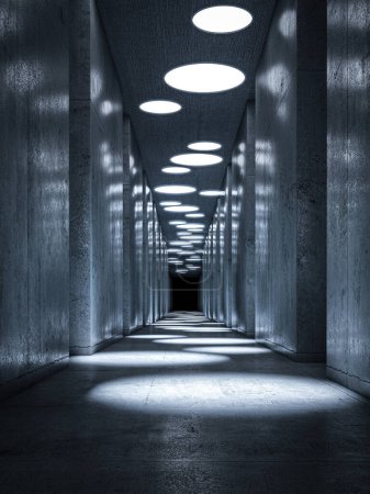 Foto de High-contrast image of a long concrete tunnel illuminated by circular lights - Imagen libre de derechos