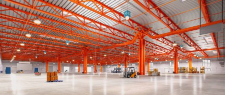 Téléchargez les photos : Entrepôt vide moderne avec structure en acier orange, rendu 3d - en image libre de droit