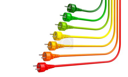 Foto de Enchufes eléctricos multicolor, cordones, clase energética aislado fondo blanco - Imagen libre de derechos