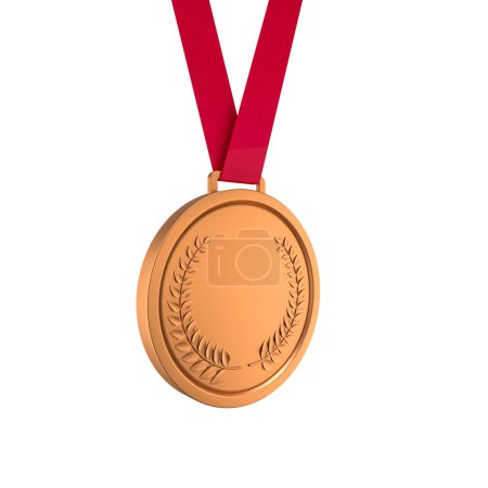 Foto de Medalla de bronce colgando premios de cinta roja reconocimientos. éxito, realización - Imagen libre de derechos