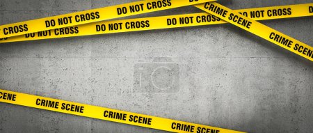 Yellow police line tape  do not cross text  grey concrete wall background